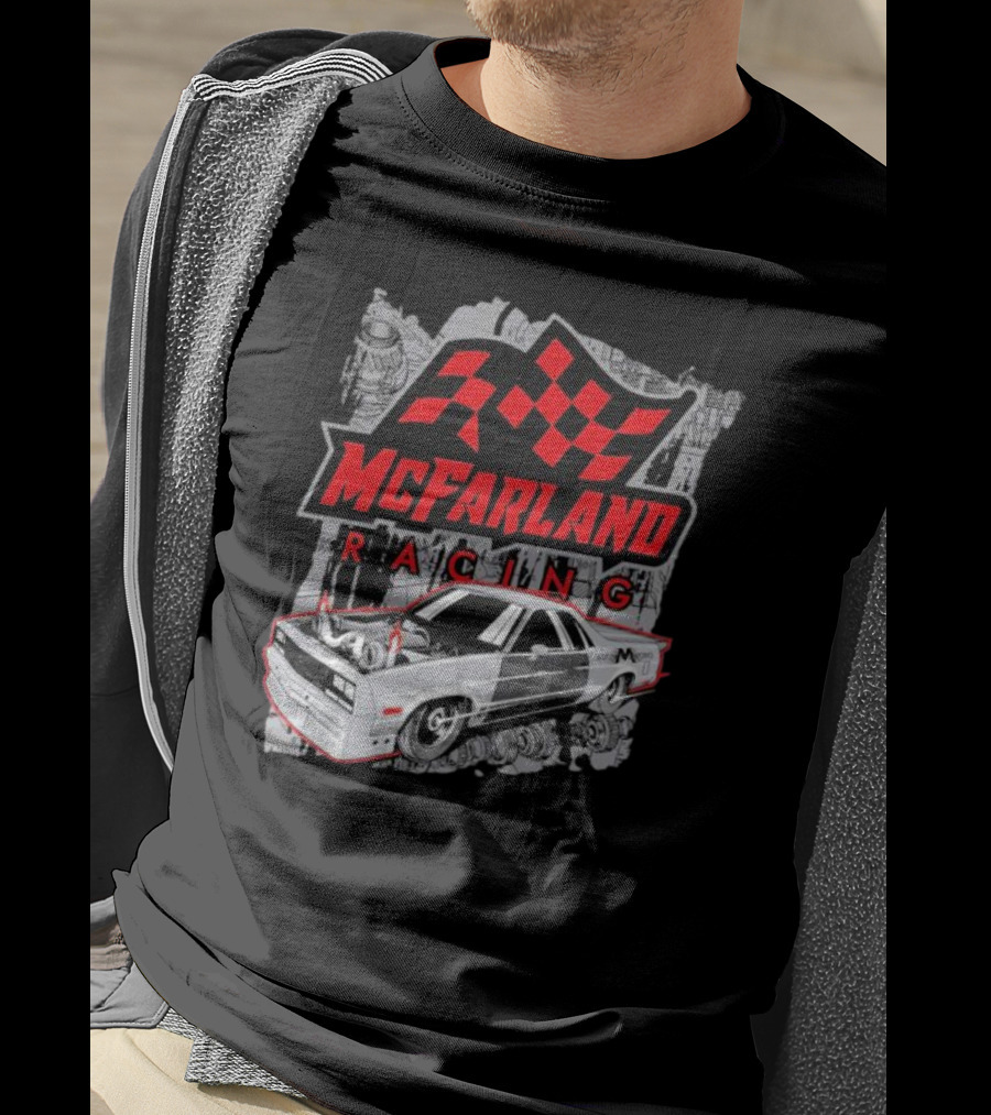 McFarland Racing Cleetus Mullet Turbocharged Car And Checkered Flag T-Shirt