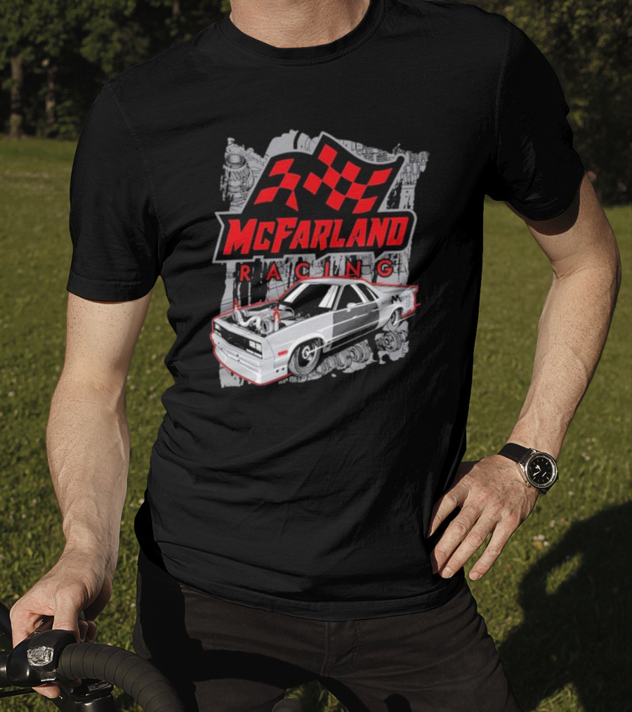 McFarland Racing Cleetus Mullet Turbocharged Car And Checkered Flag T-Shirt