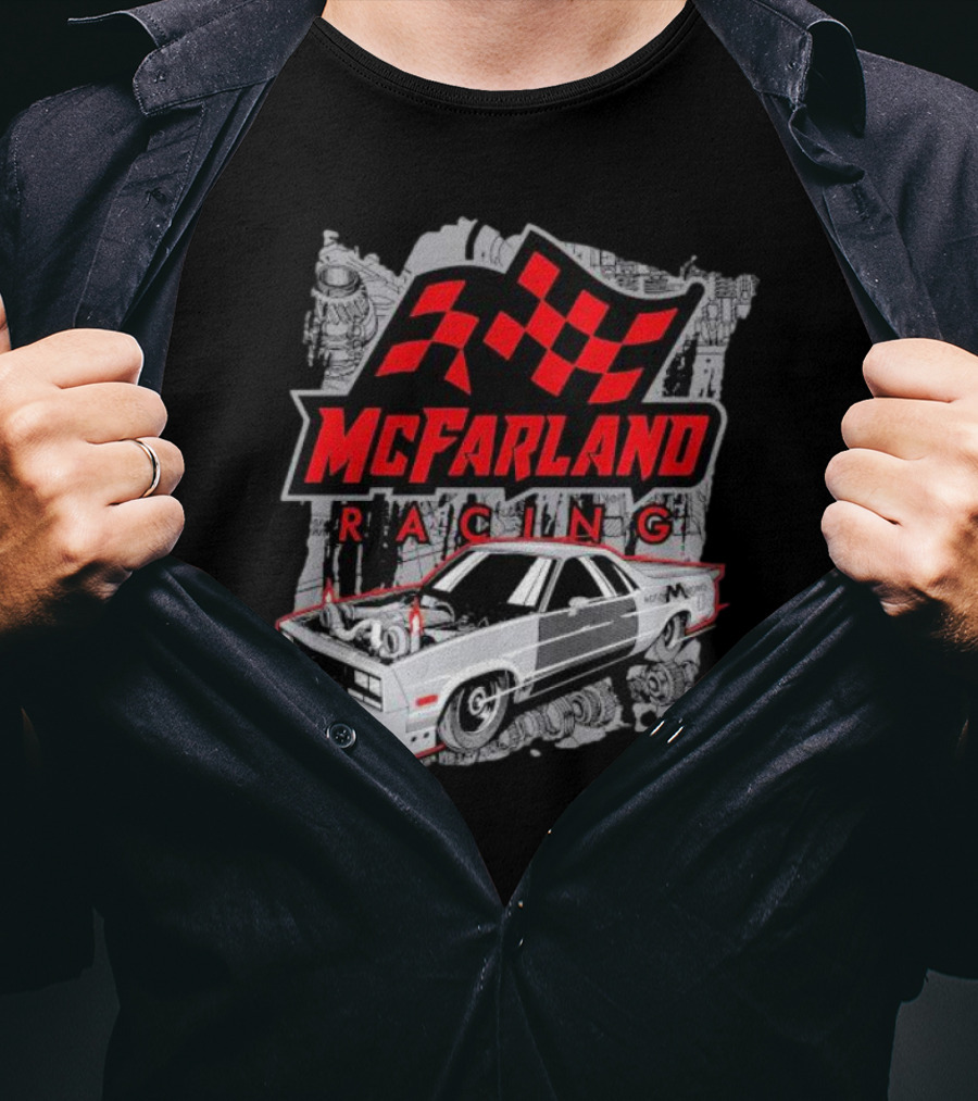 McFarland Racing Cleetus Mullet Turbocharged Car And Checkered Flag T-Shirt