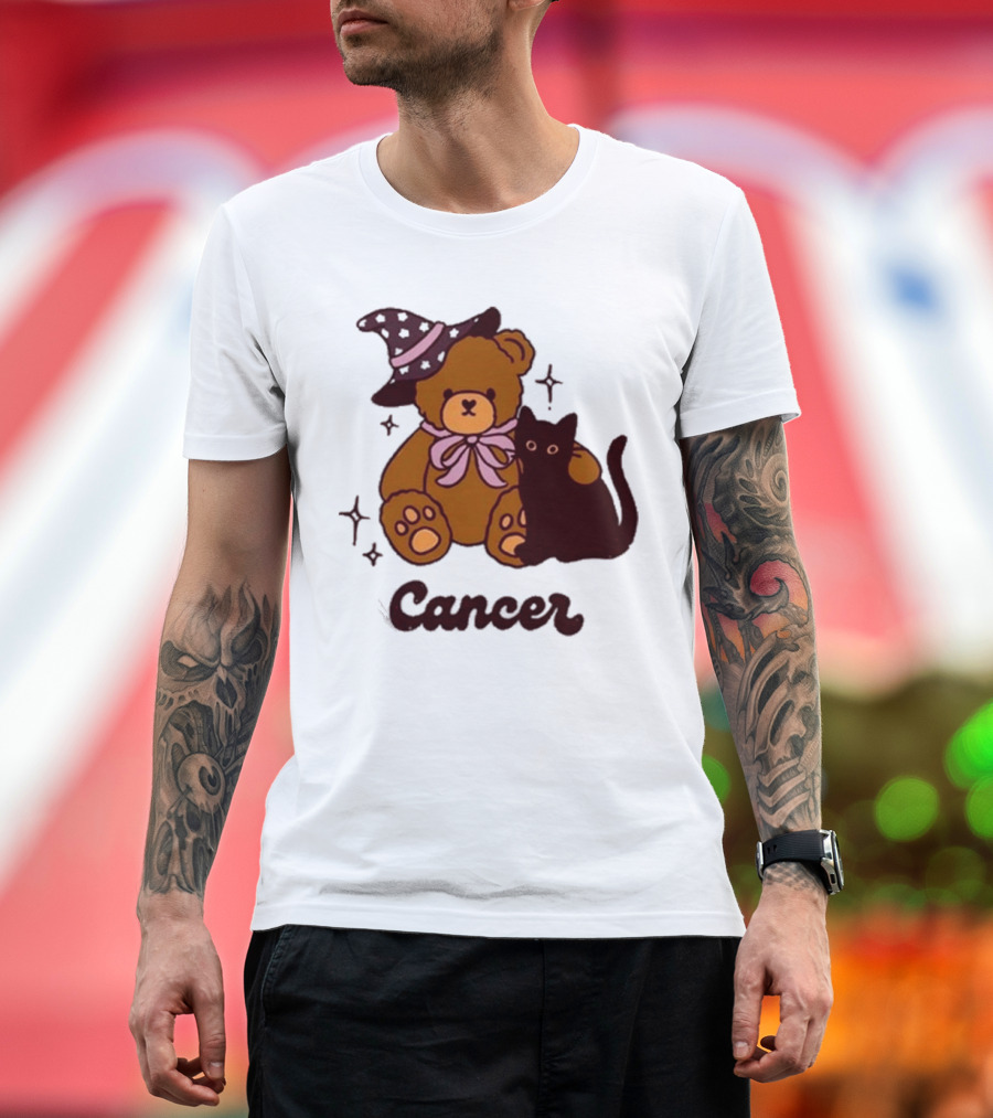 Cancer Teddy Bear with Witch Hat and Black Cat T-Shirt