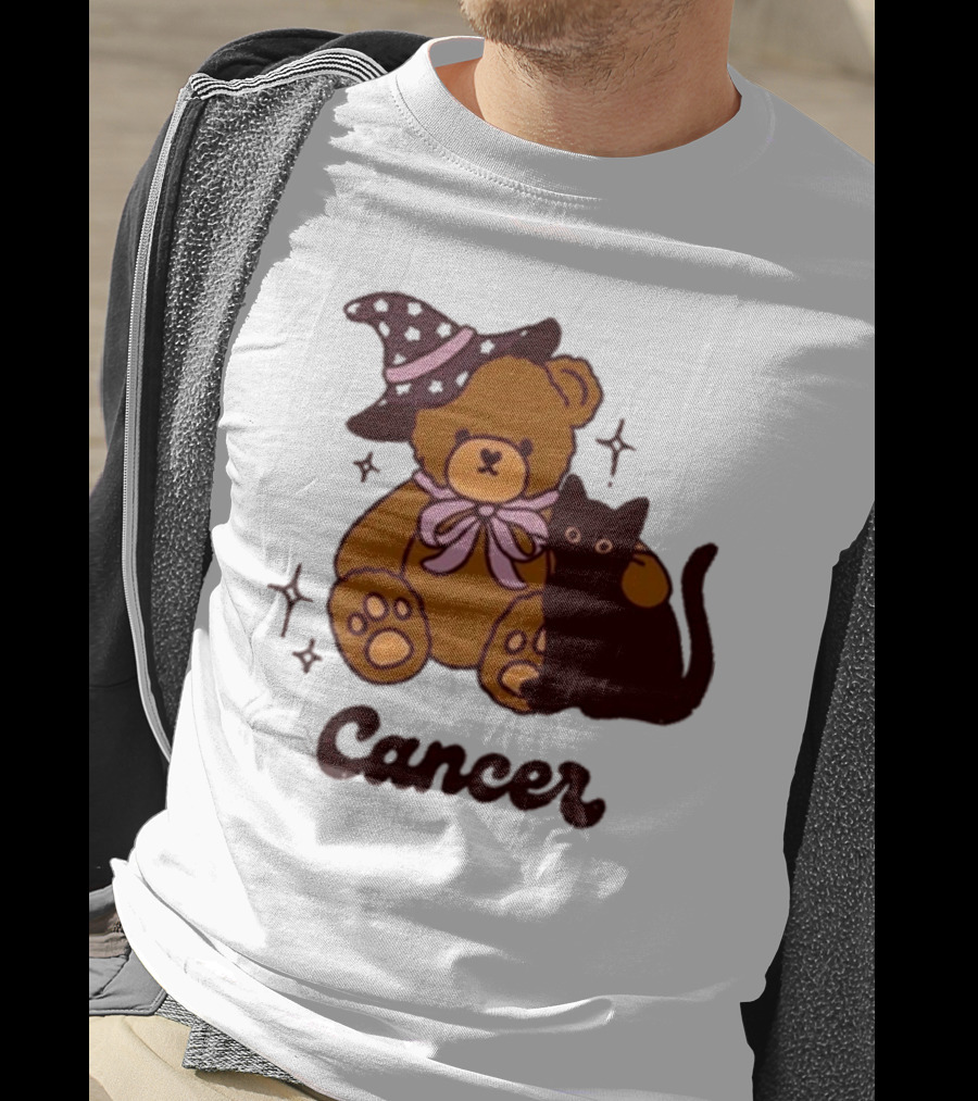 Cancer Teddy Bear With Witch Hat And Black Cat T-Shirt