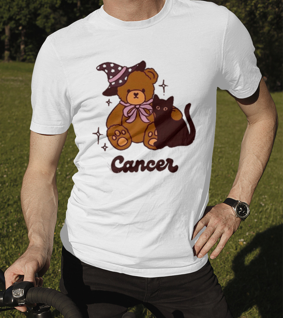 Cancer Teddy Bear With Witch Hat And Black Cat T-Shirt