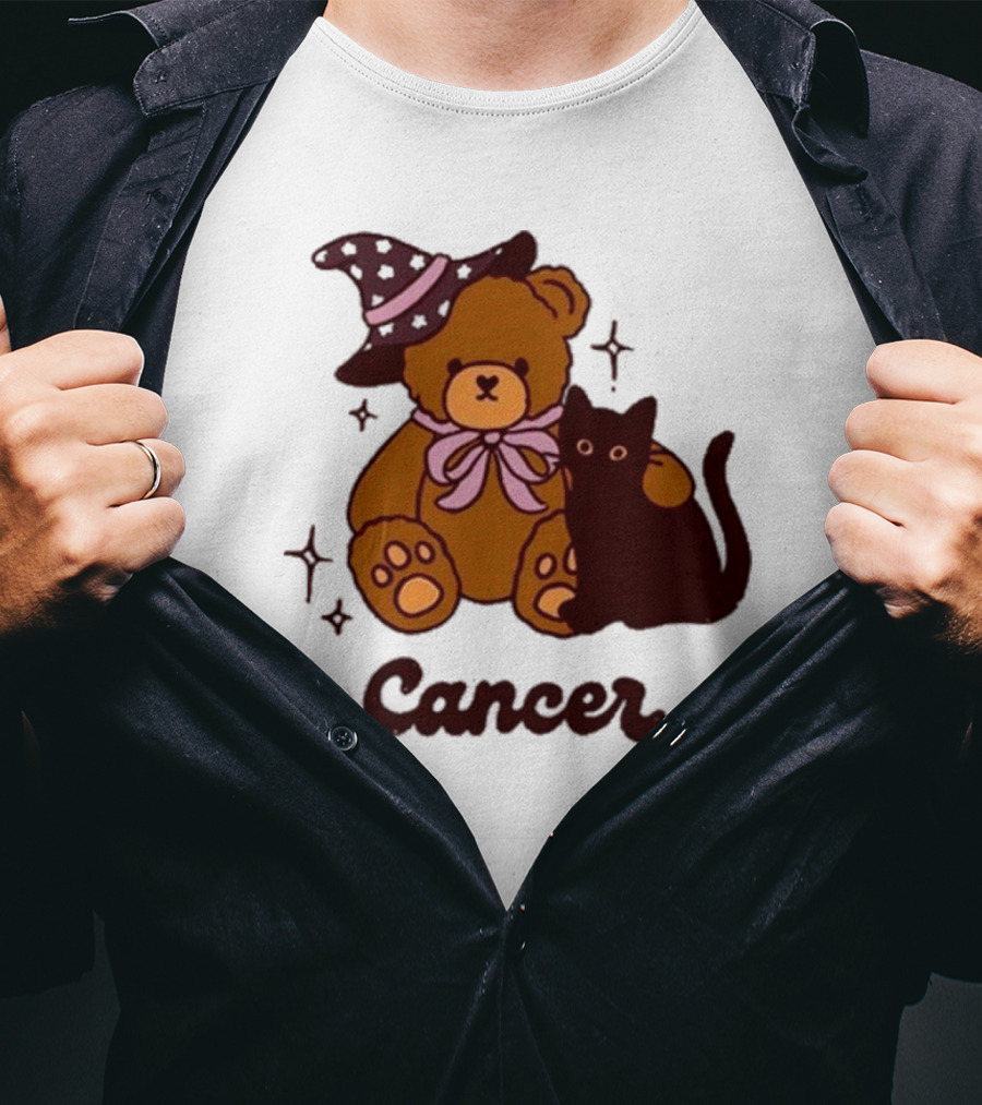 Cancer Teddy Bear With Witch Hat And Black Cat T-Shirt