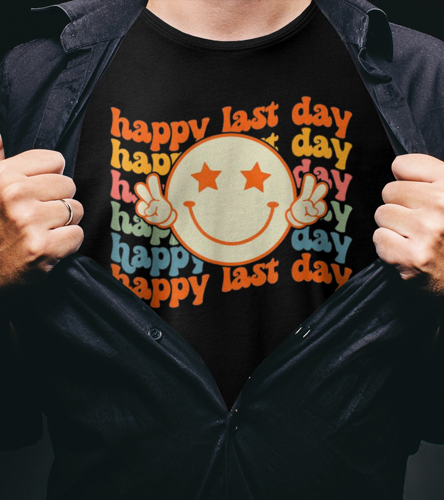 Groovy Happy Last Day Smile Face Peace Sign Teacher Student T-Shirt