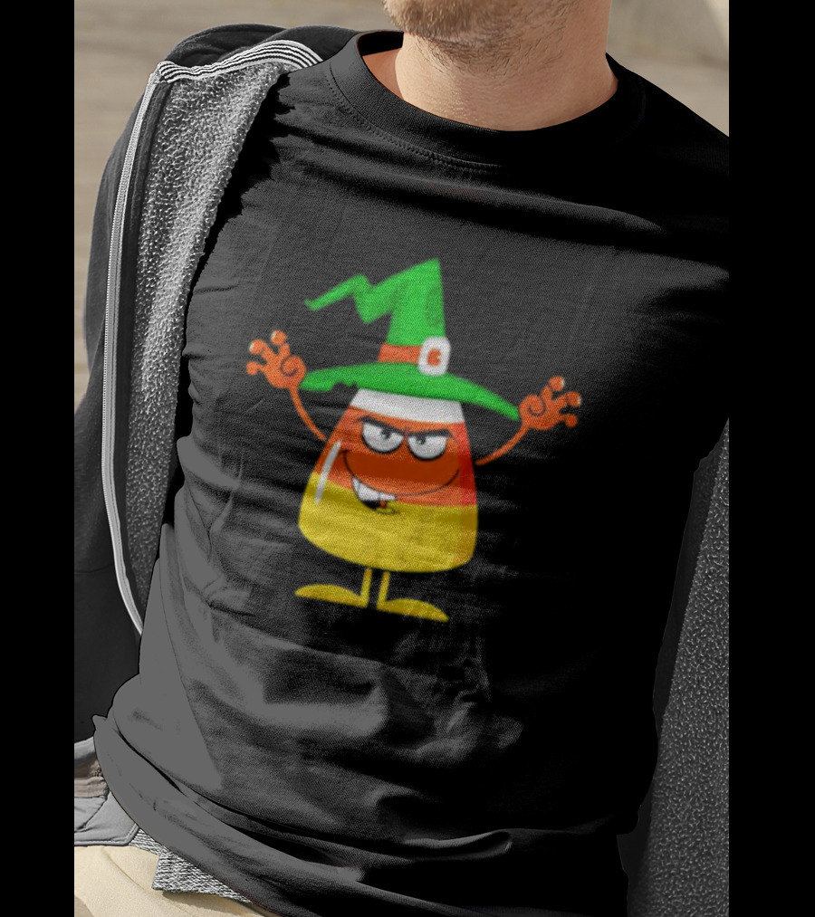 Candy Corn Witch Halloween Character With Green Hat T-Shirt