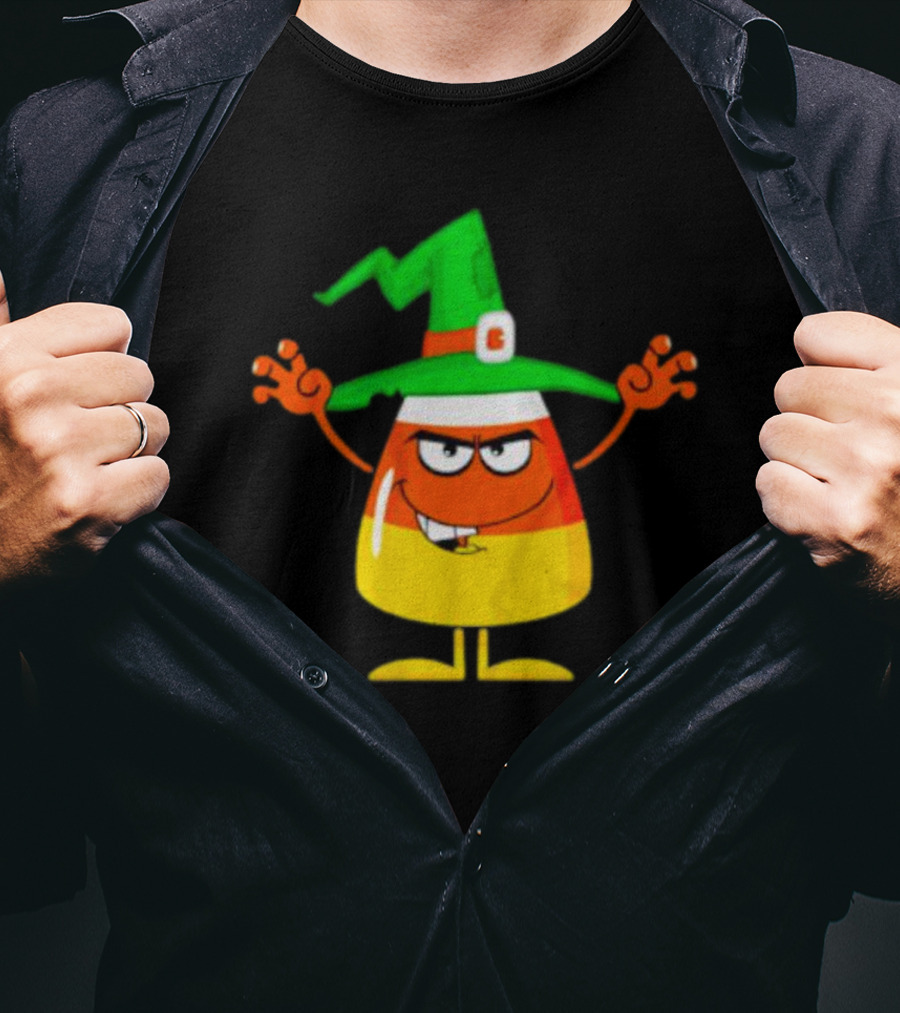 Candy Corn Witch Halloween Character With Green Hat T-Shirt
