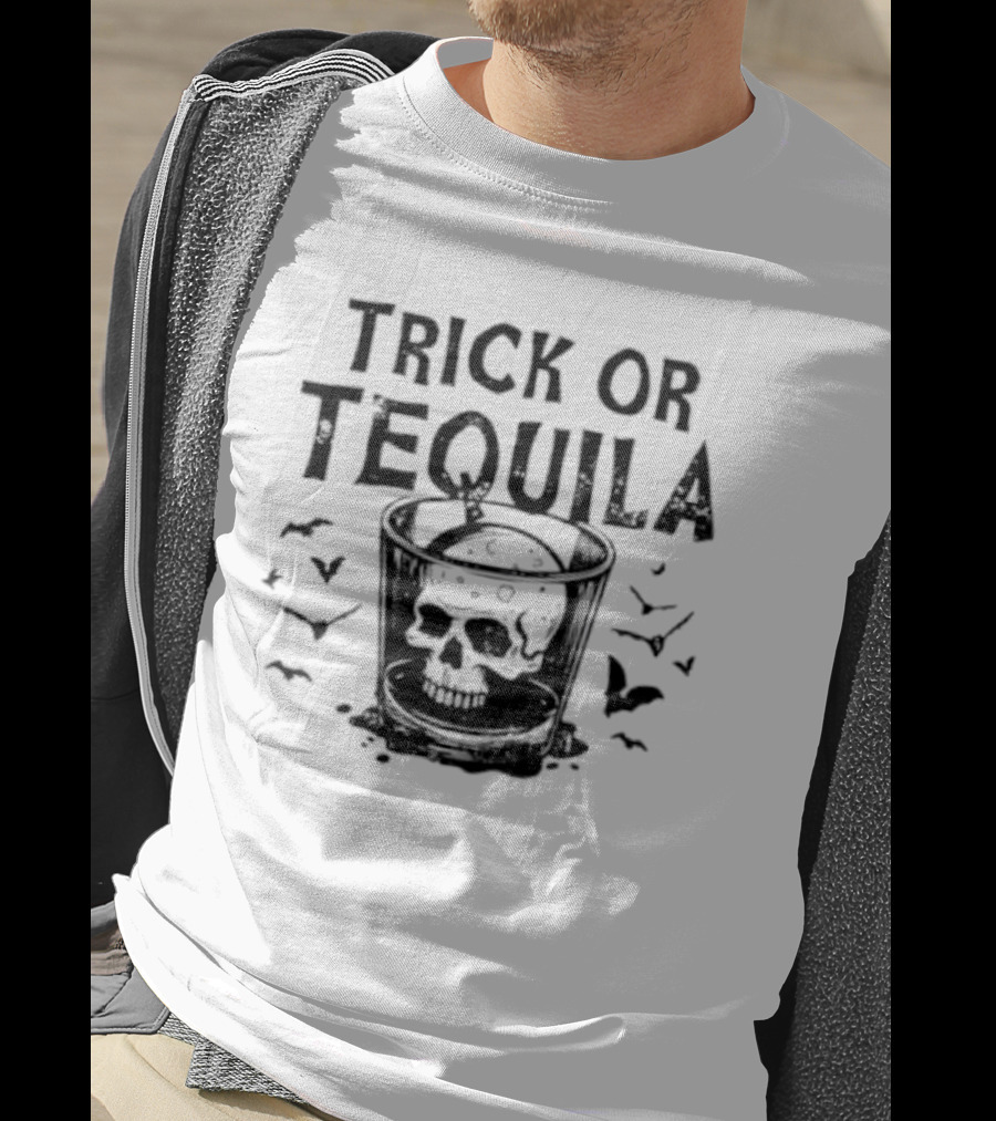 Trick Or Tequila Skull Glass With Bats T-Shirt