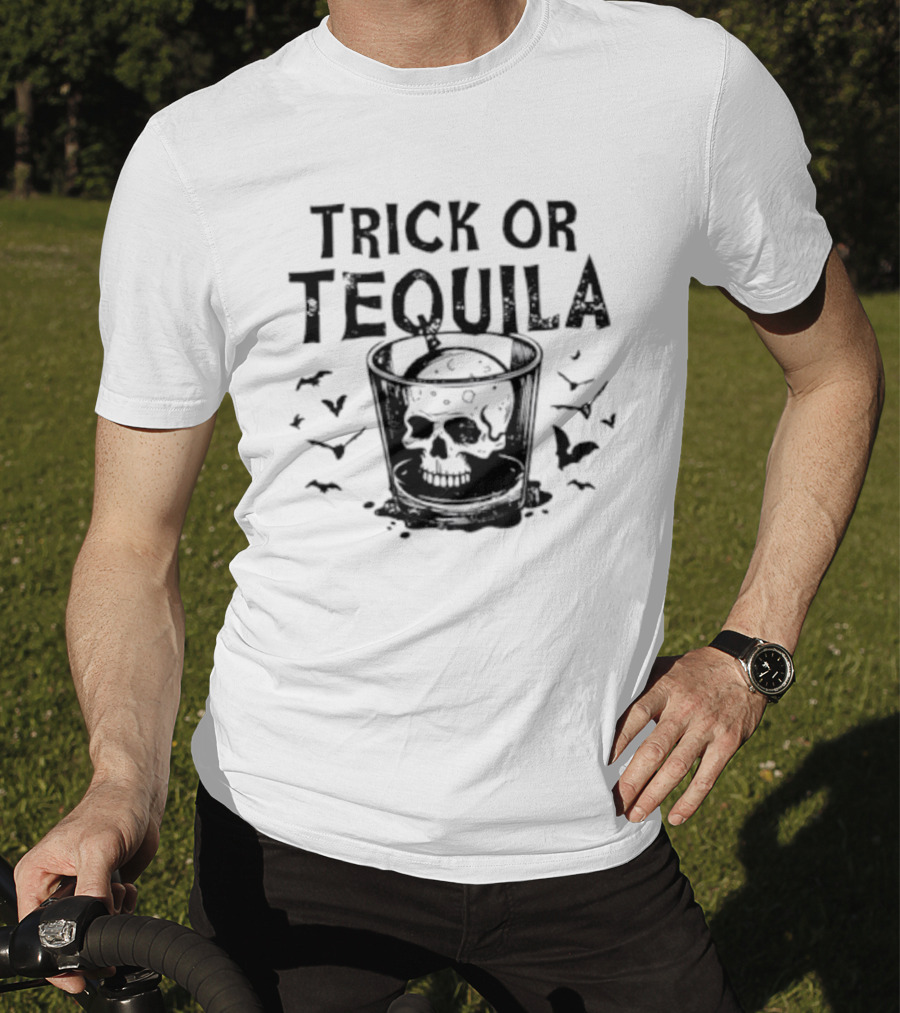 Trick Or Tequila Skull Glass With Bats T-Shirt