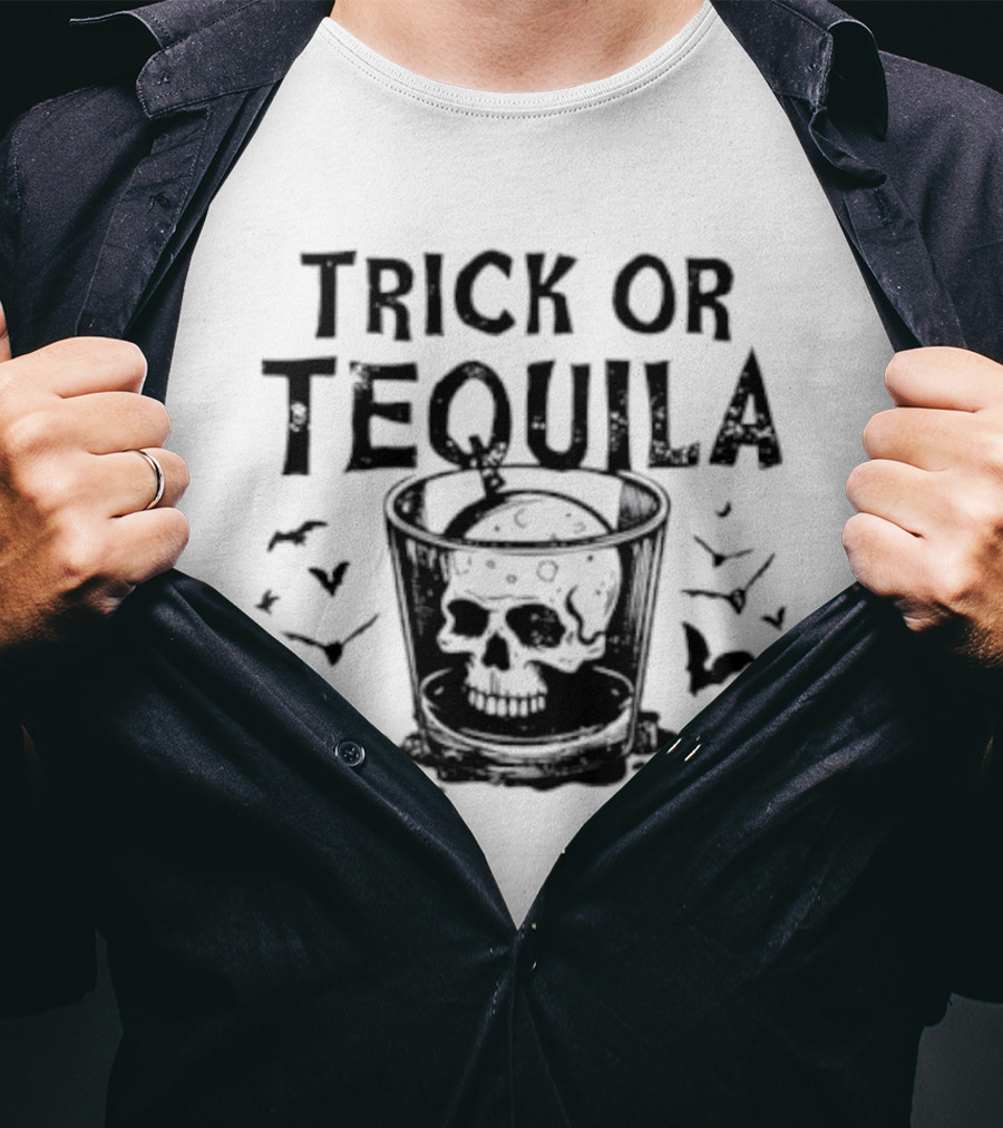 Trick Or Tequila Skull Glass With Bats T-Shirt