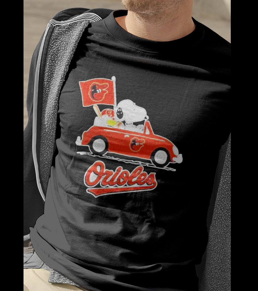 Snoopy Driving Red Car With Baltimore Orioles Flag And Orioles Text T-Shirt