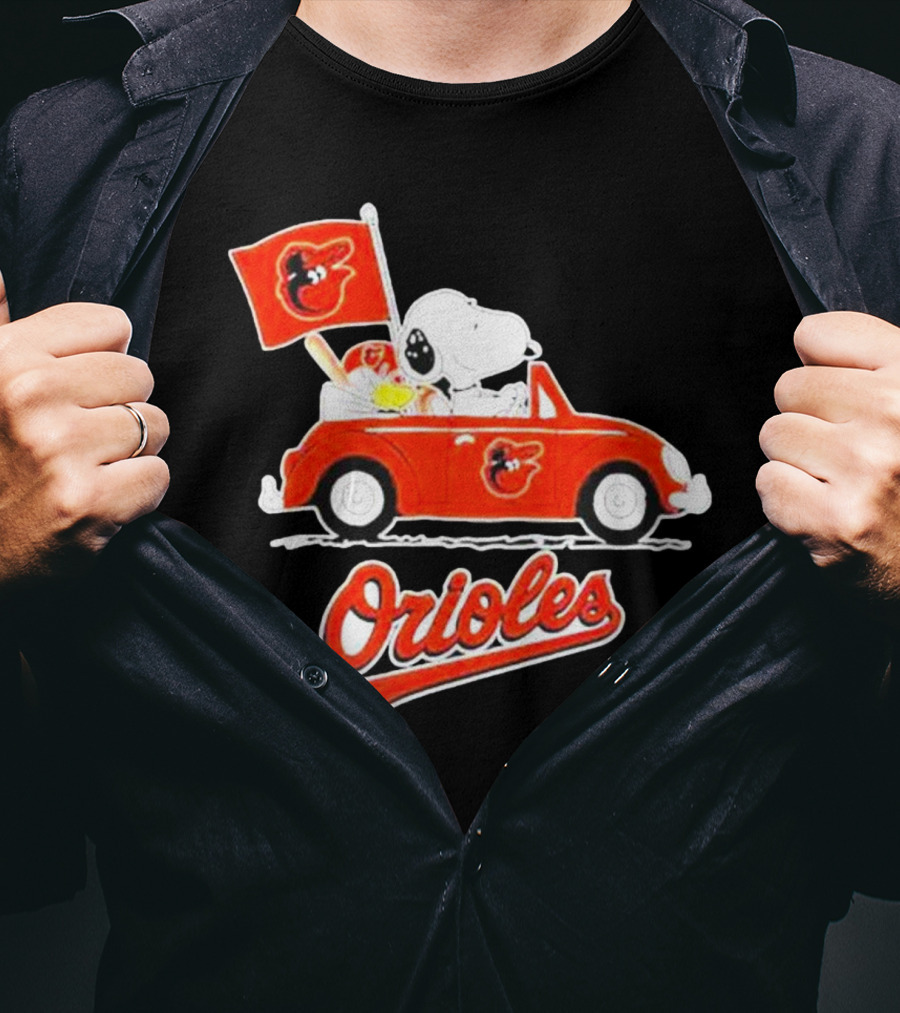 Snoopy Driving Red Car With Baltimore Orioles Flag And Orioles Text T-Shirt