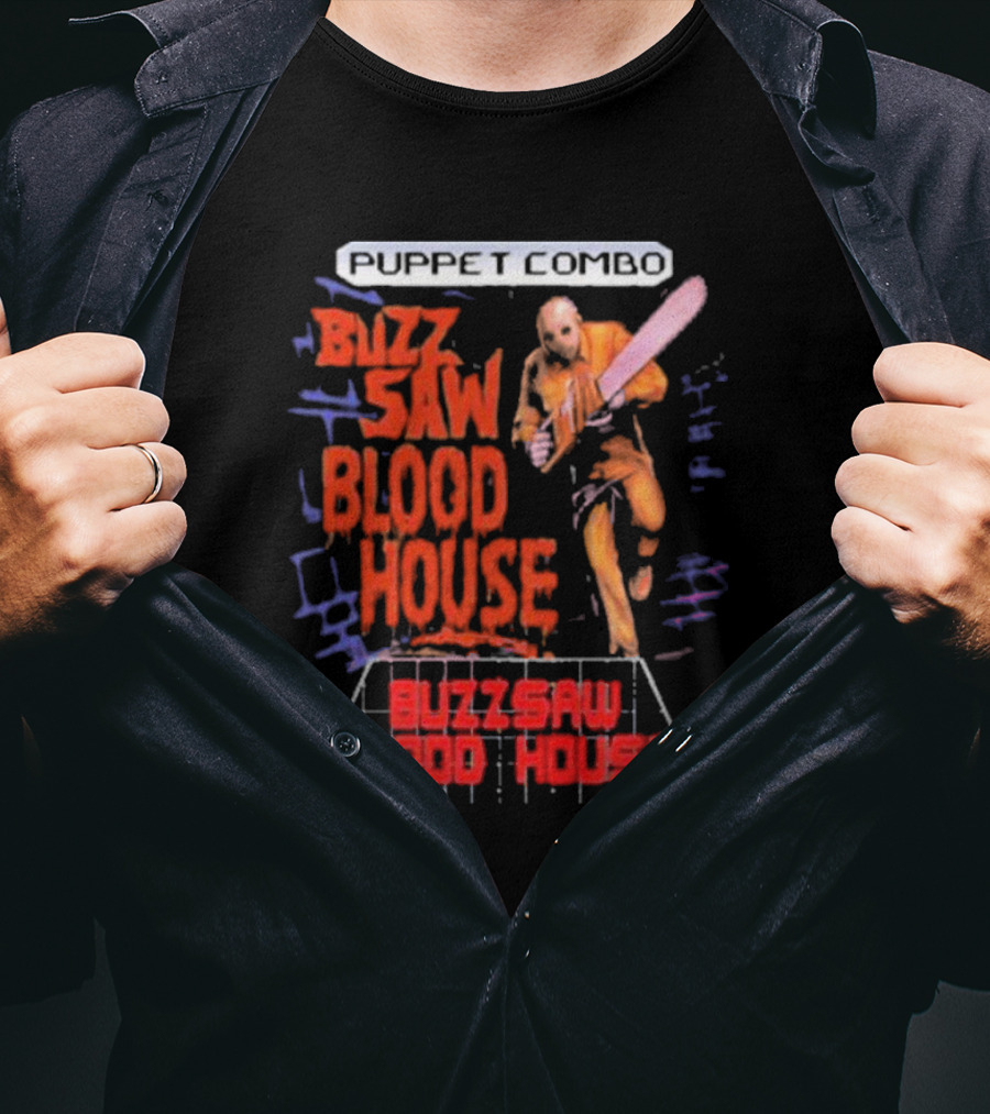 Puppet Combo Buzz Saw Blood House Horror Gamer T-Shirt