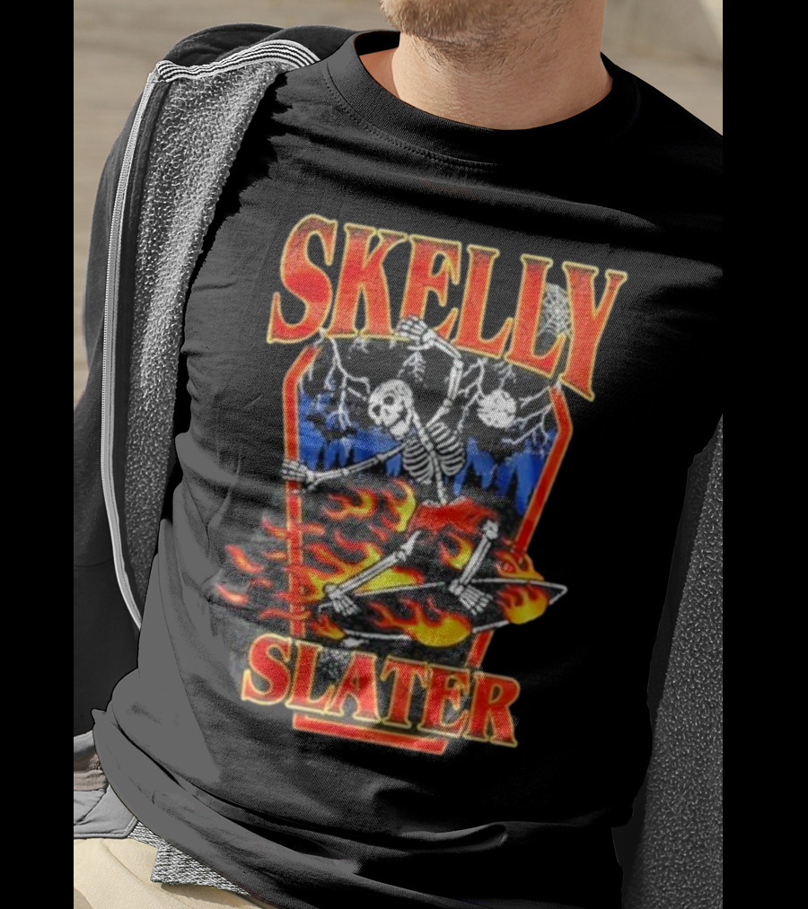 Skelly Slater Skeleton Skateboarding With Flames And Coffin Background T-Shirt