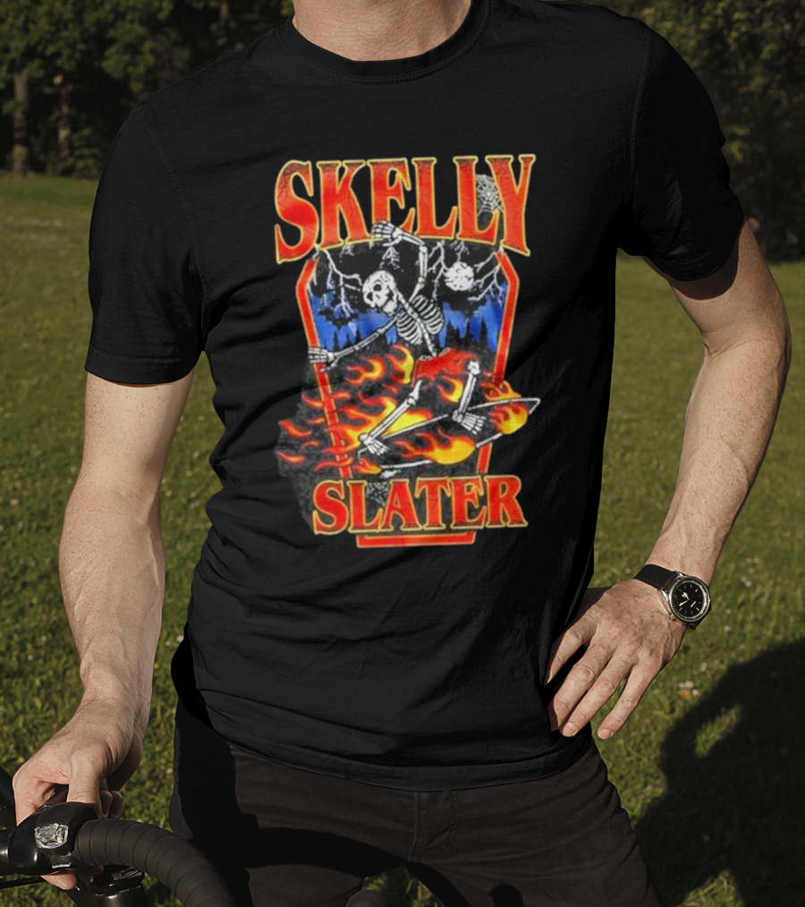 Skelly Slater Skeleton Skateboarding With Flames And Coffin Background T-Shirt