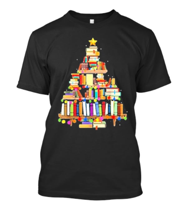 Christmas Tree Made Of Stacked Colorful Books With Star And Lights T-Shirt