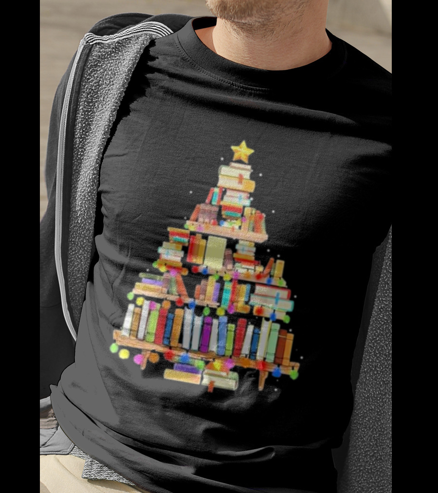 Christmas Tree Made Of Stacked Colorful Books With Star And Lights T-Shirt