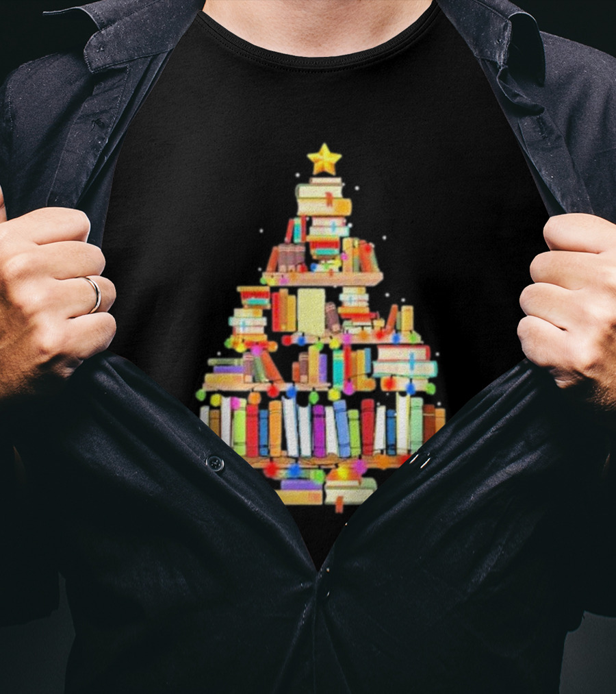 Christmas Tree Made Of Stacked Colorful Books With Star And Lights T-Shirt