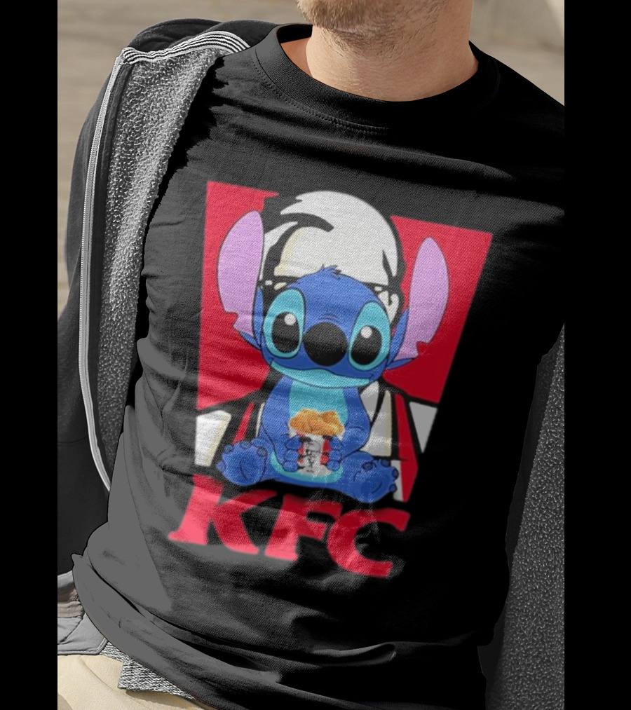 Stitch Eating KFC With Logo Background T-Shirt
