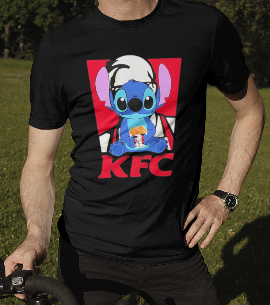 Stitch Eating KFC With Logo Background T-Shirt