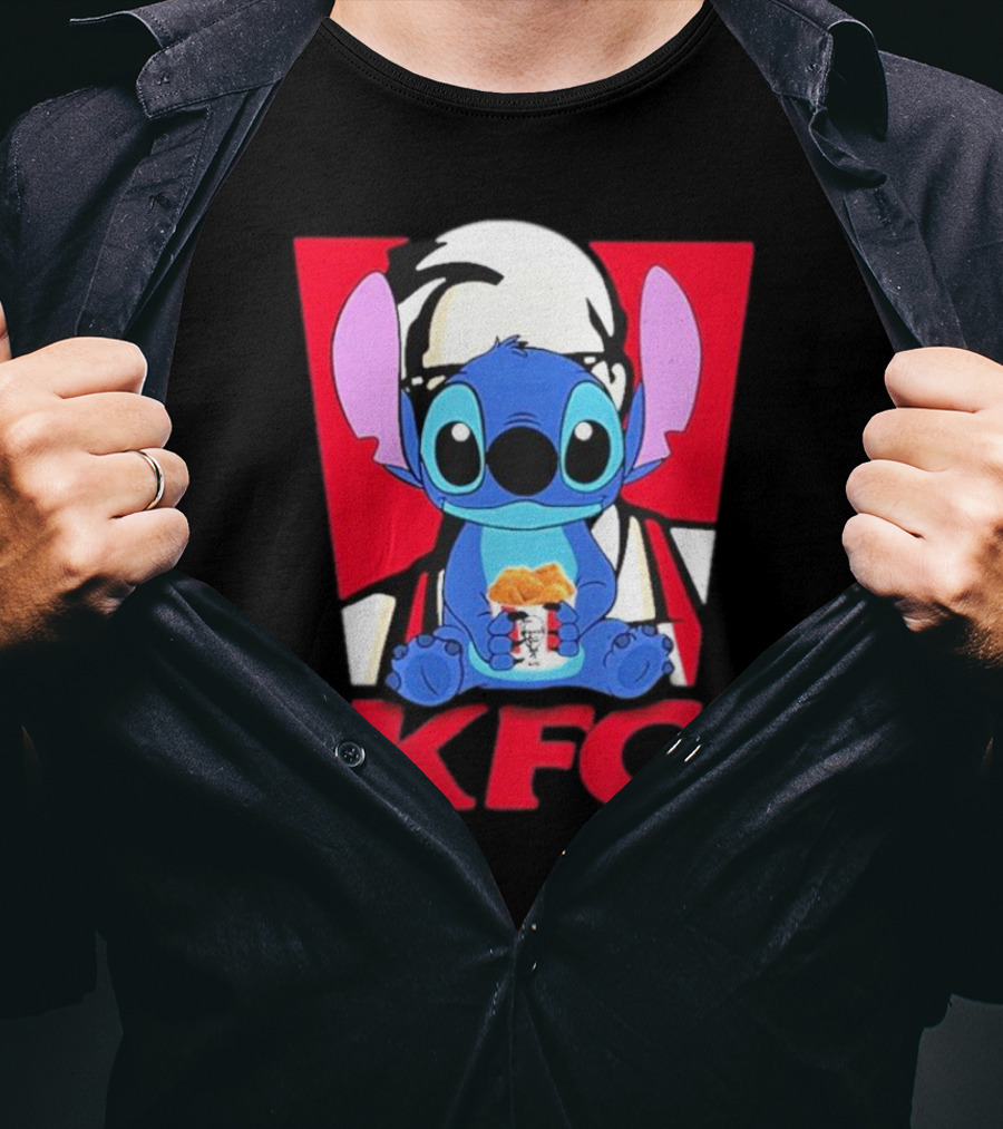 Stitch Eating KFC With Logo Background T-Shirt