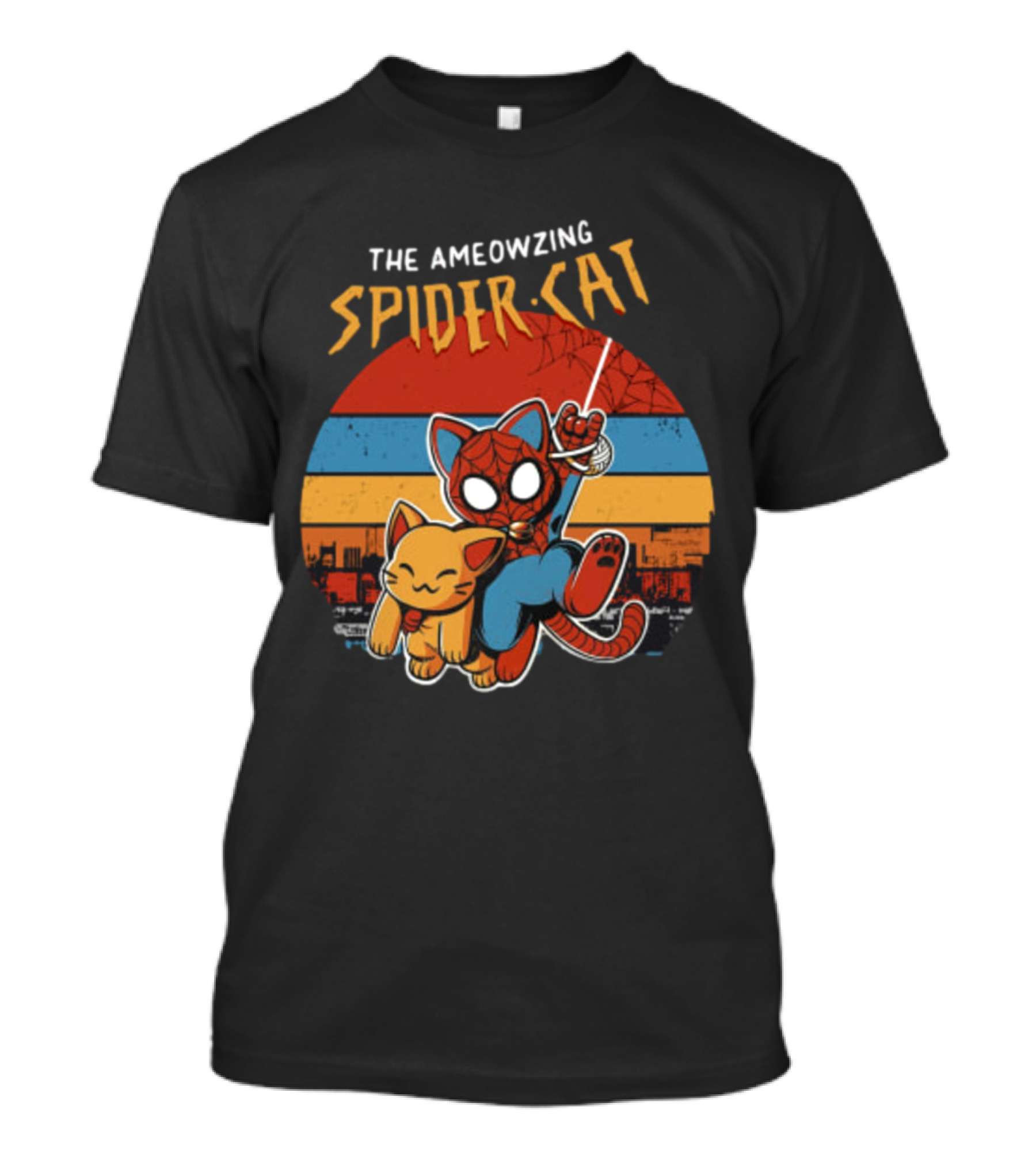 The Ameozing Spider Cat Retro Style Graphic With Web-Slinging Cat Superhero And Orange Cat Companion T-Shirt