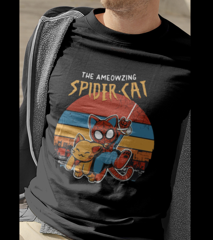 The Ameozing Spider Cat Retro Style Graphic With Web-Slinging Cat Superhero And Orange Cat Companion T-Shirt