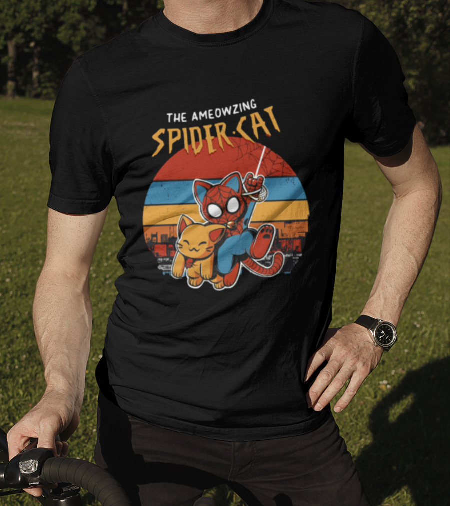 The Ameozing Spider Cat Retro Style Graphic With Web-Slinging Cat Superhero And Orange Cat Companion T-Shirt