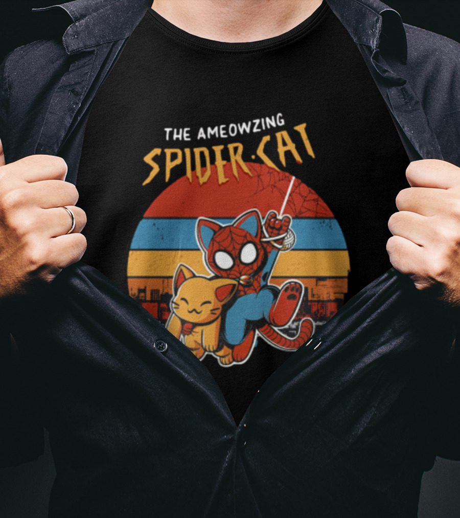 The Ameozing Spider Cat Retro Style Graphic With Web-Slinging Cat Superhero And Orange Cat Companion T-Shirt