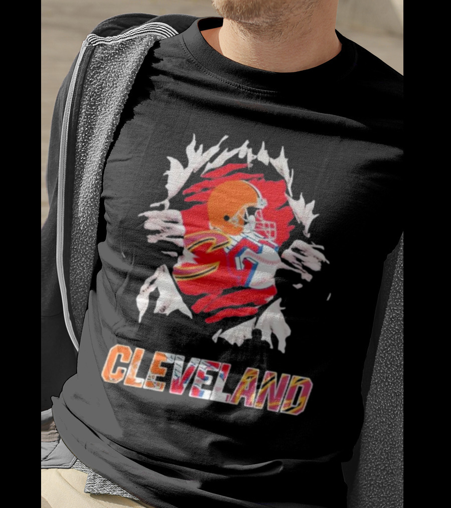 Cleveland Football Helmet And Jersey Inside Torn T-Shirt