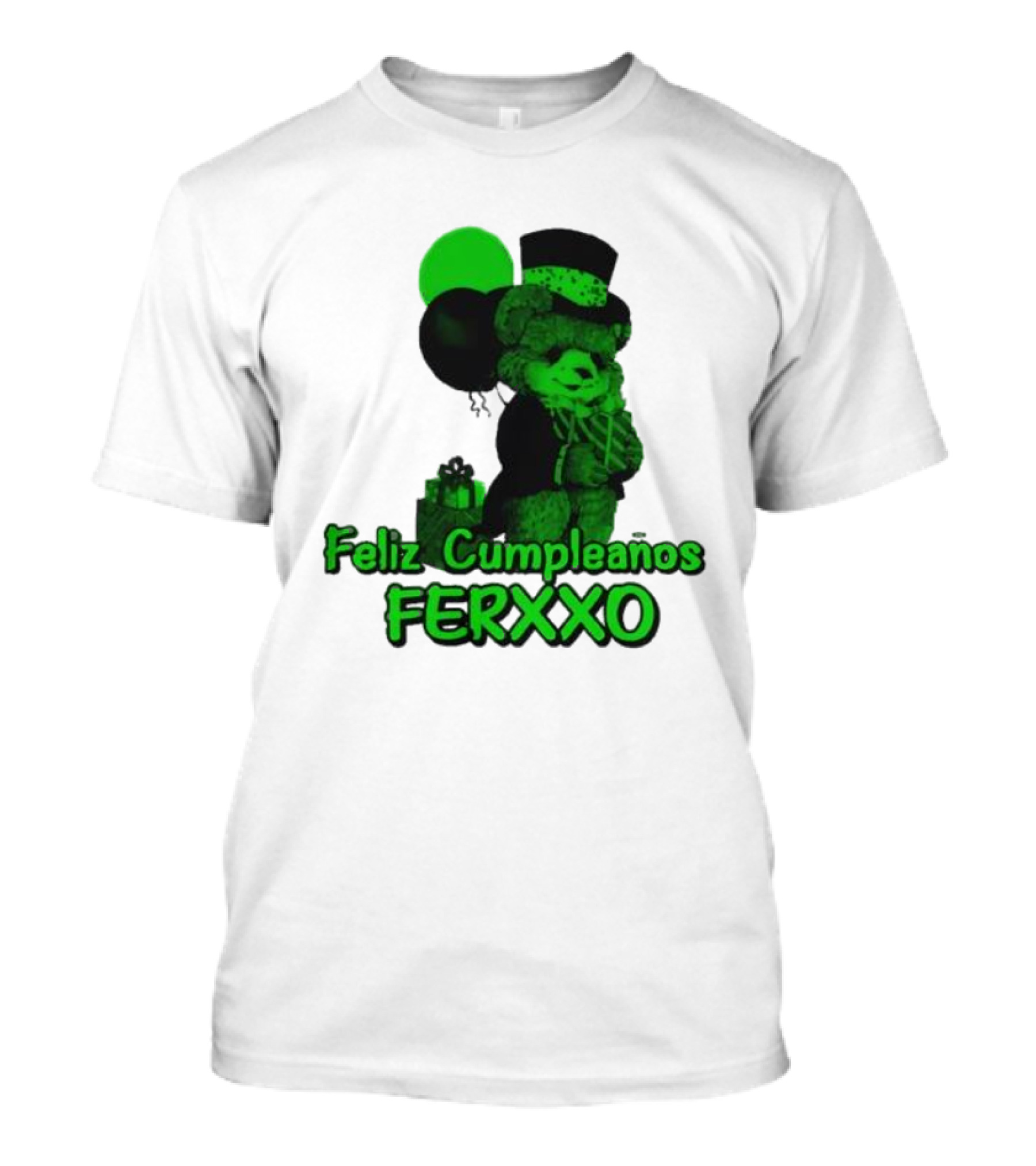 Feliz Cumpleaños Ferxxo Teddy Bear Green Balloons Black Top Hat T-Shirt