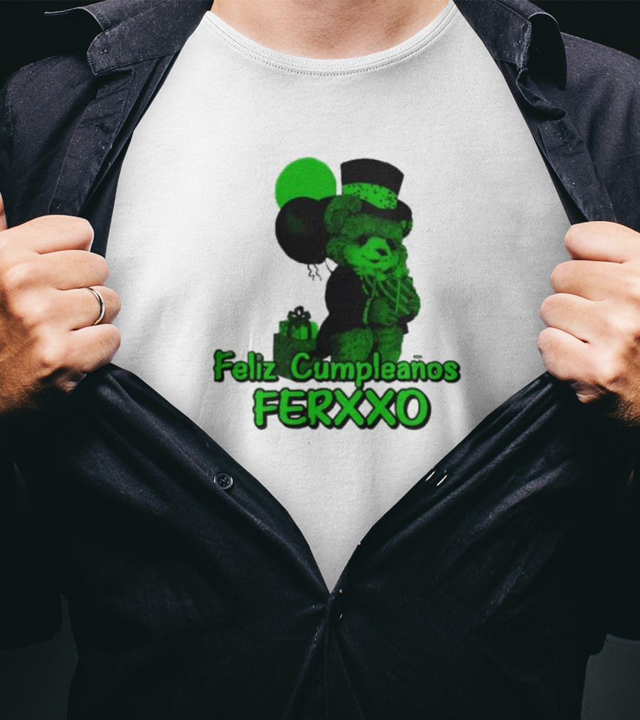 Feliz Cumpleaños Ferxxo Teddy Bear Green Balloons Black Top Hat T-Shirt