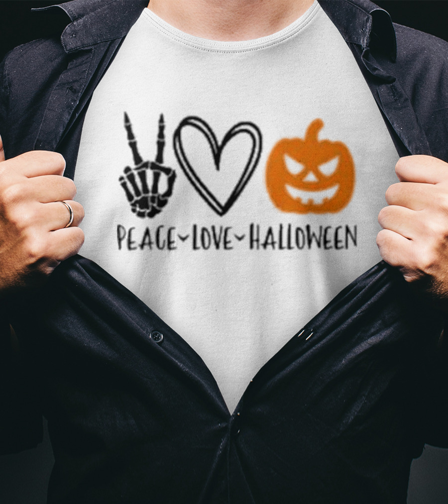 Peace Love Halloween Skeleton Hand Heart Pumpkin T-Shirt