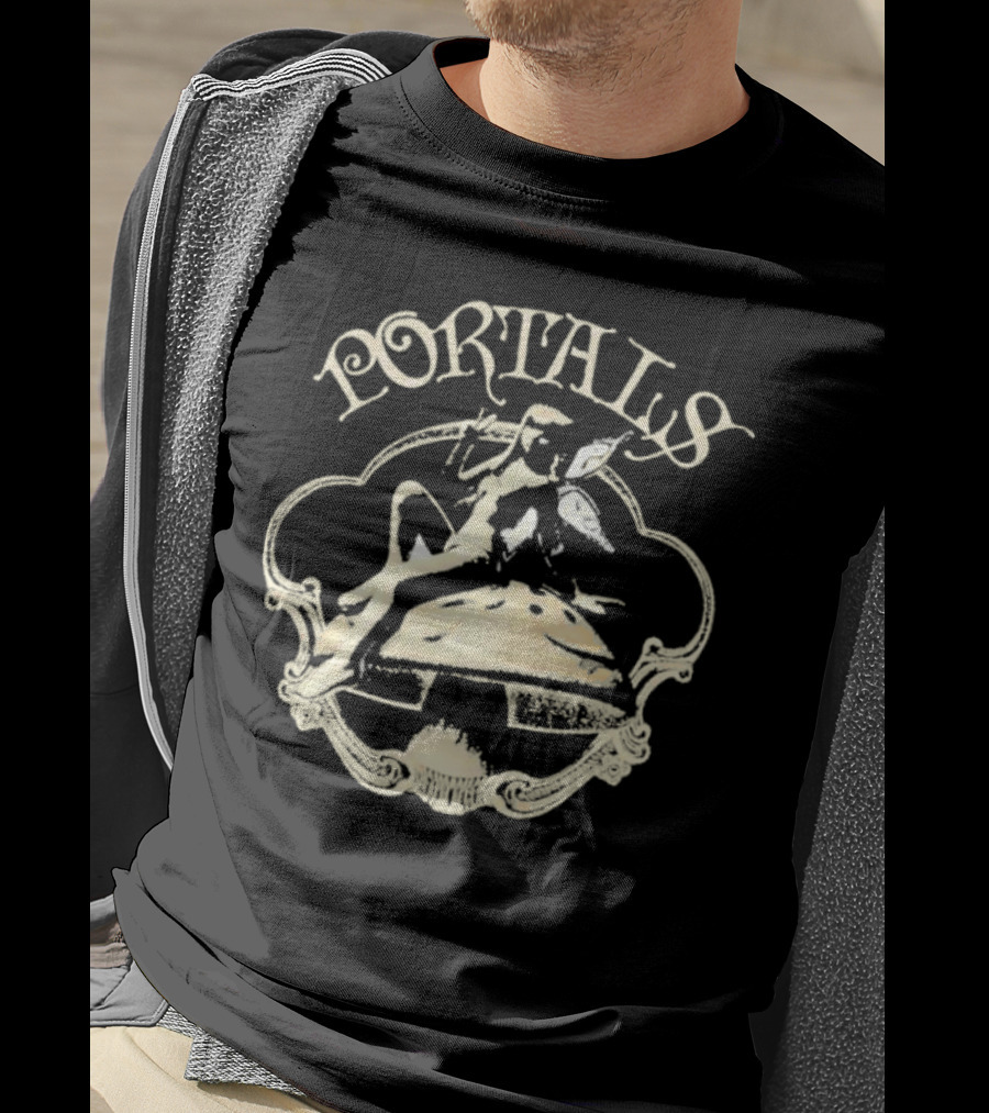 Portals Fairy Sitting On Mushroom With Wings And Scrollwork Elements T-Shirt