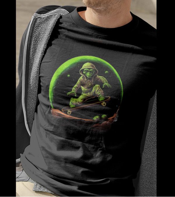 Skateboarding Alien On Saturn's Ring In Outer Space Adventure T-Shirt