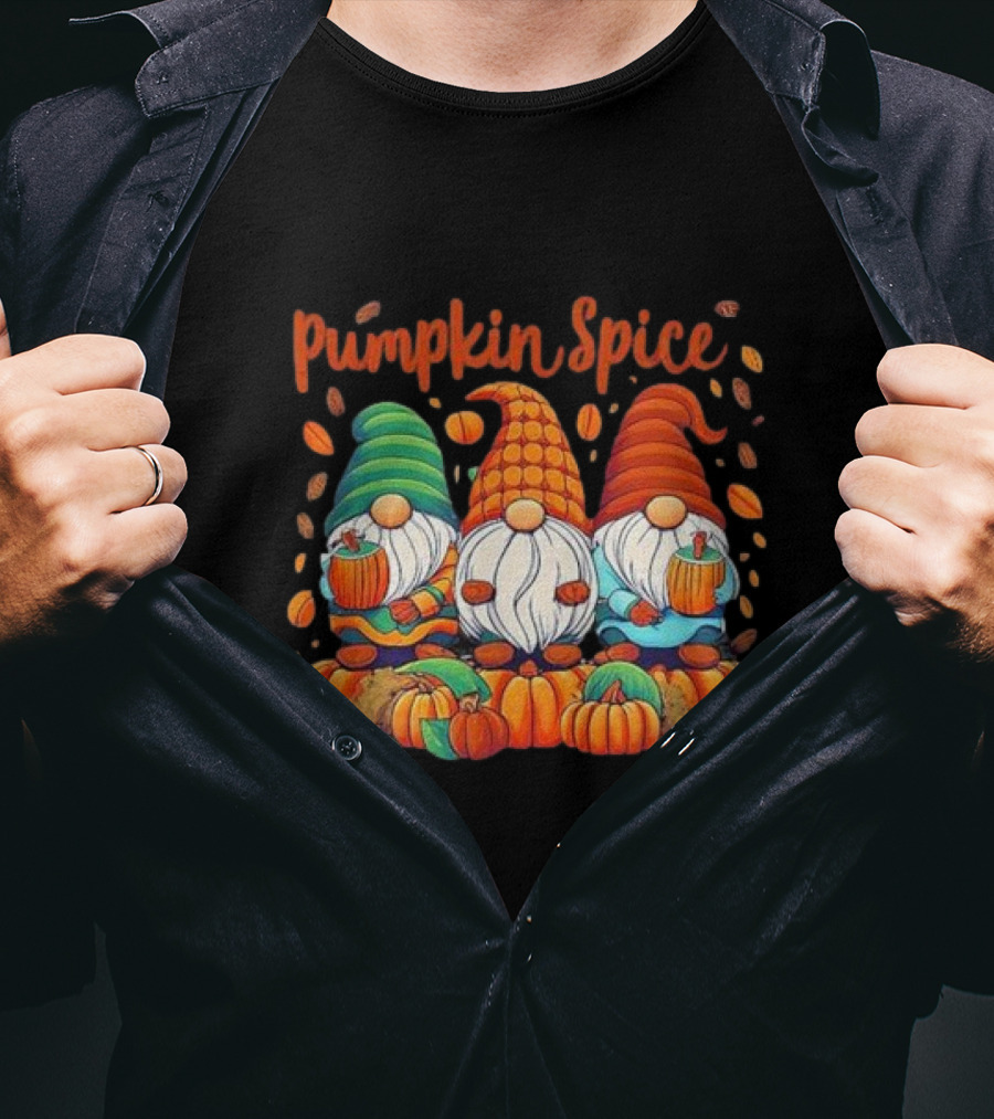 Pumpkin Spice Gnomes With Autumn Leaves And Pumpkins T-Shirt