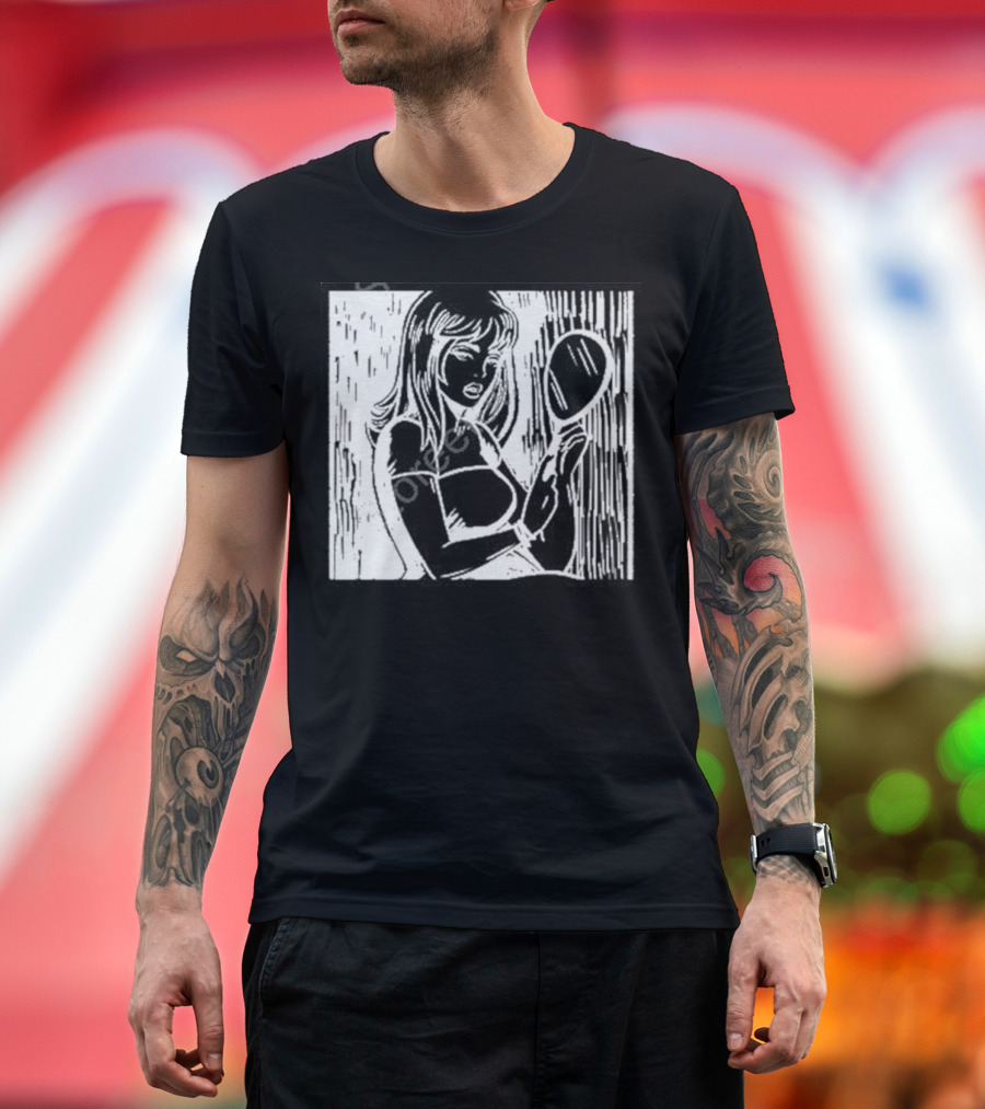 Billie Eilish Store Mirror Art Black and White Line Drawing Woman with Handheld Mirror T-Shirt