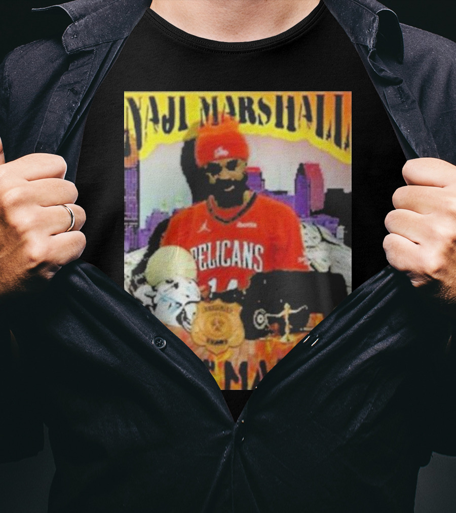 Naji Marshall Pelicans Next Man Up Badge Police Car City Background T-Shirt