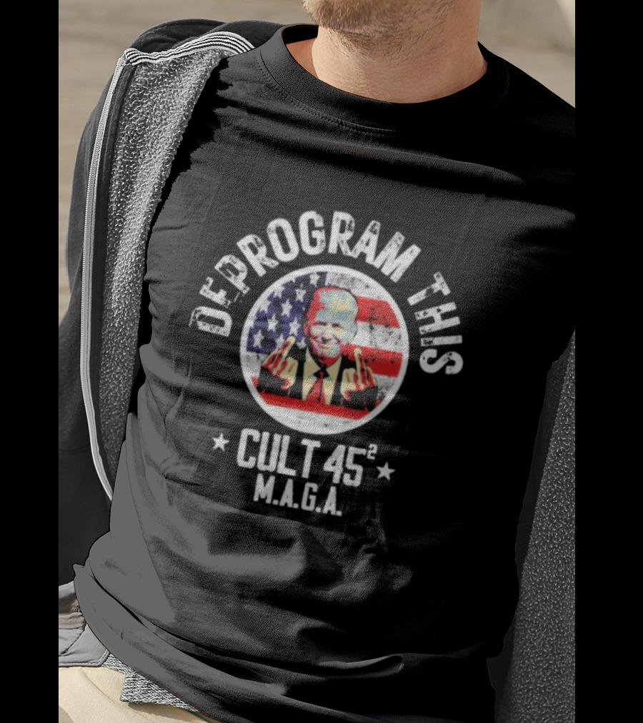Deprogram This Cult 45 MAGA American Flag Middle Finger T-Shirt