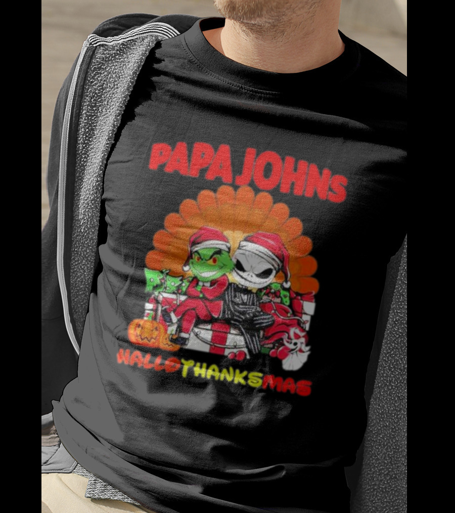 Papa Johns Baby Grinch Baby Jack Skellington HalloThanksMas T-Shirt