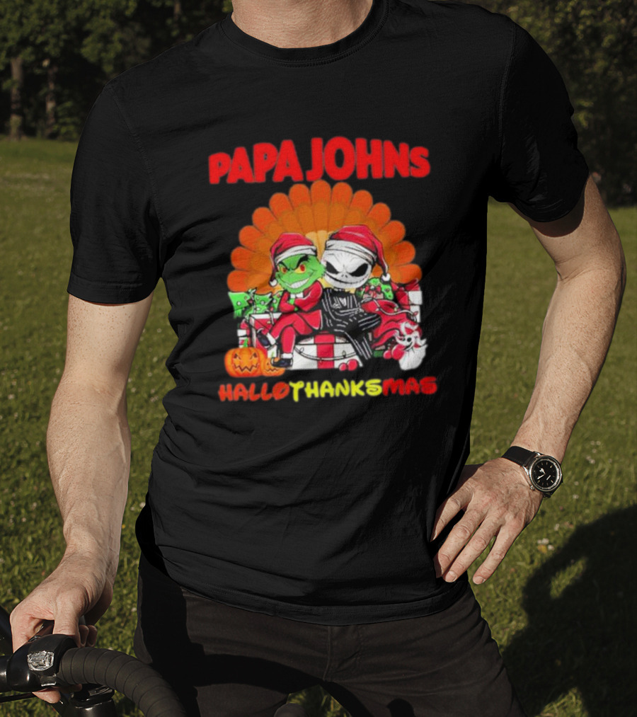 Papa Johns Baby Grinch Baby Jack Skellington HalloThanksMas T-Shirt