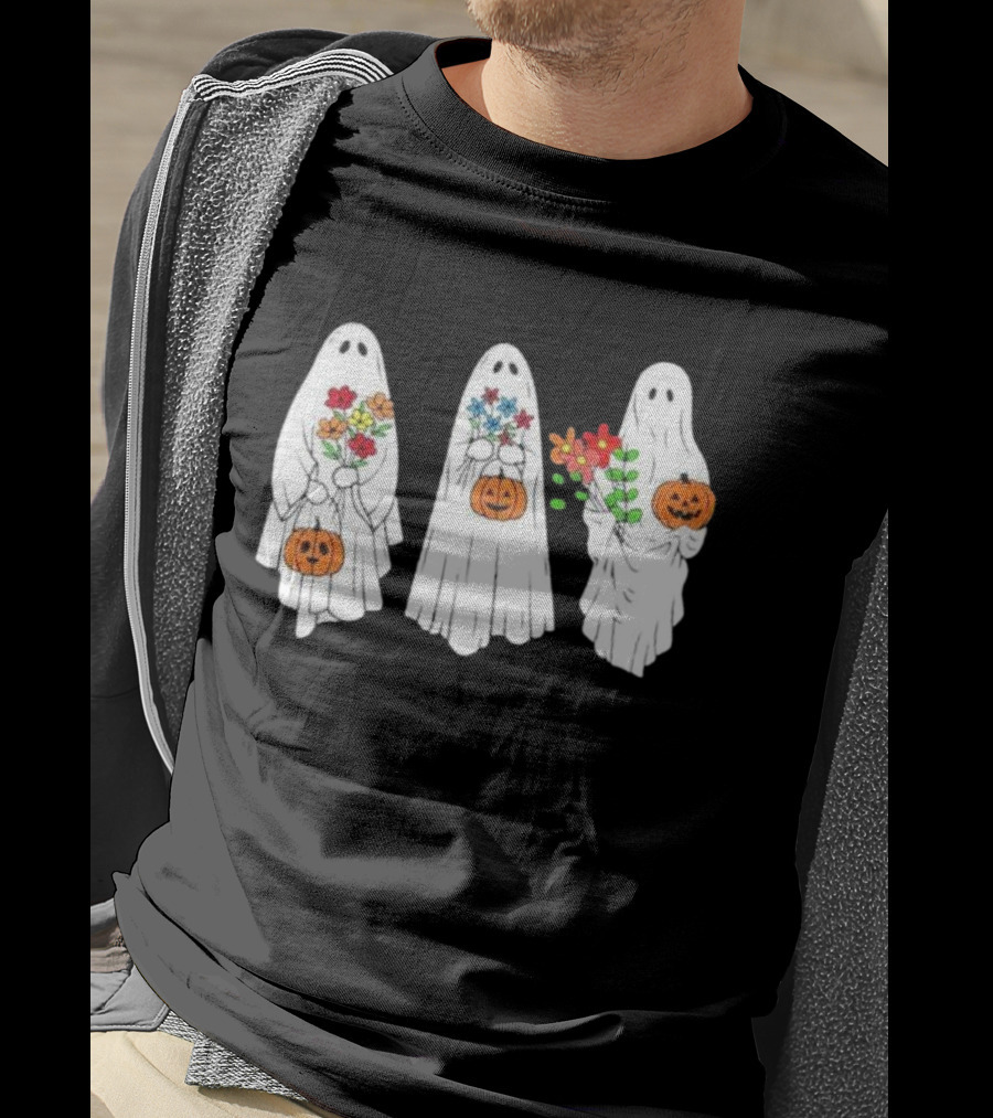 Floral Ghost Pumpkin Halloween Trio With Colorful Bouquet T-Shirt