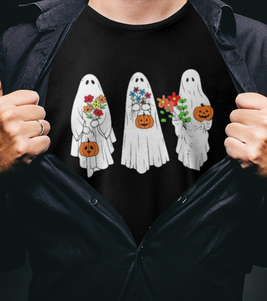 Floral Ghost Pumpkin Halloween Trio With Colorful Bouquet T-Shirt