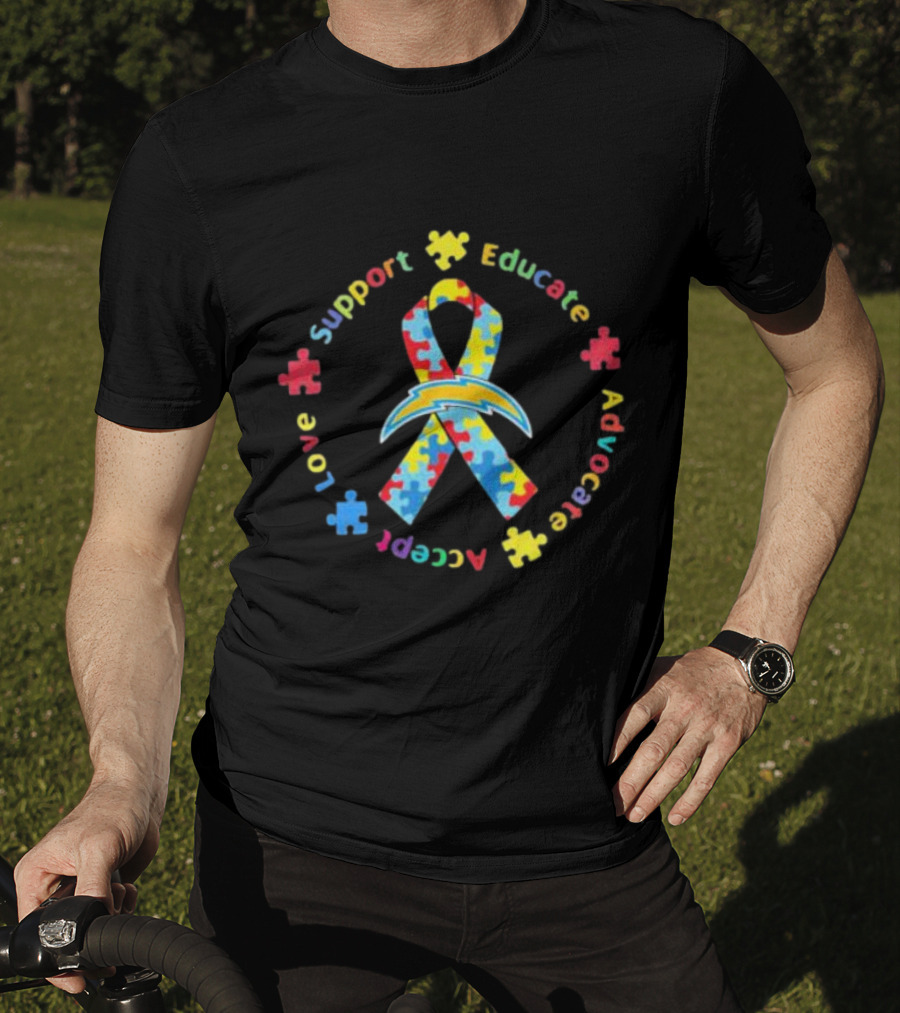 Los Angeles Chargers Autism Puzzle Ribbon Support Educate Advocate Accept Love T-Shirt