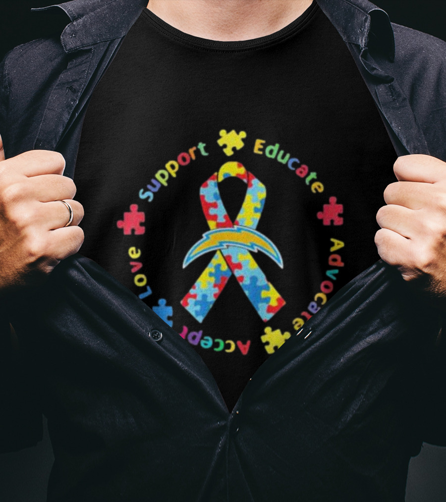 Los Angeles Chargers Autism Puzzle Ribbon Support Educate Advocate Accept Love T-Shirt