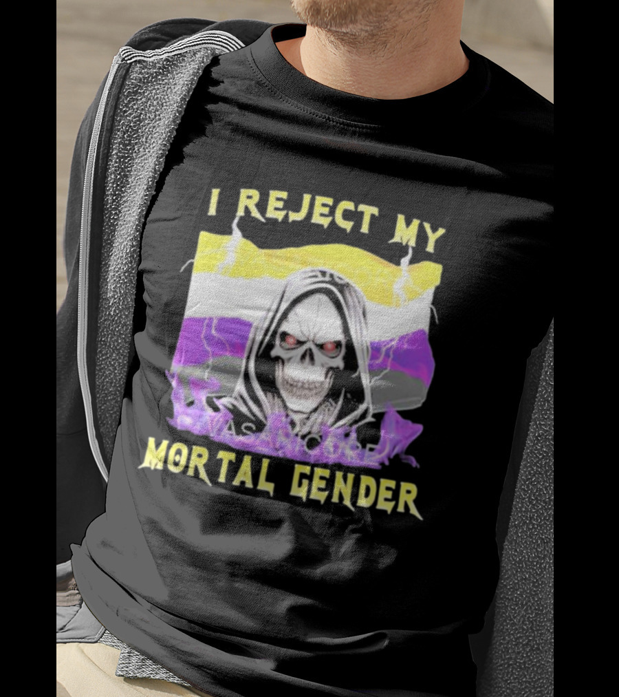 I Reject My Mortal Gender Nonbinary Skull With Hood And Lightning T-Shirt