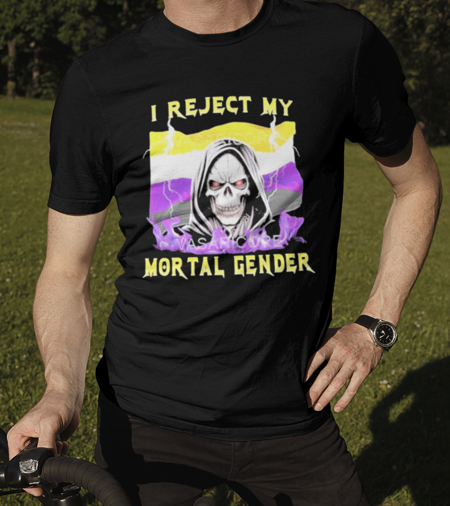 I Reject My Mortal Gender Nonbinary Skull With Hood And Lightning T-Shirt