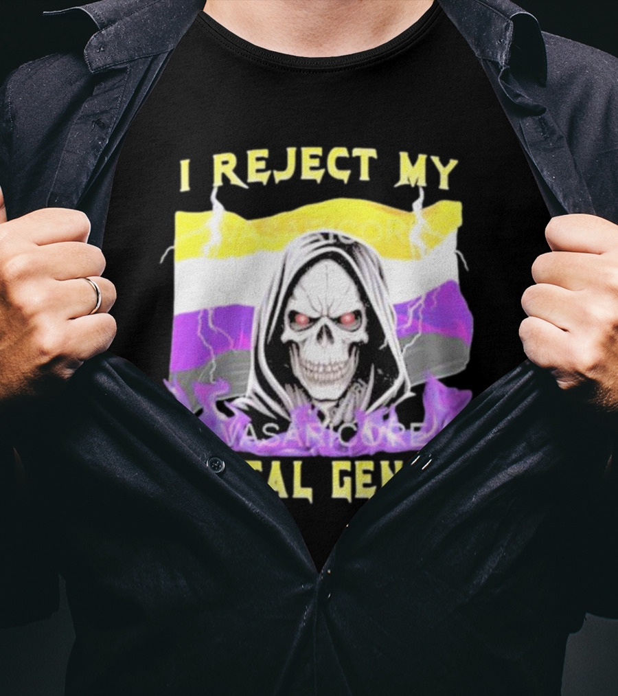 I Reject My Mortal Gender Nonbinary Skull With Hood And Lightning T-Shirt