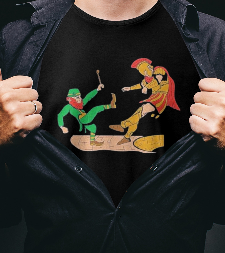 Notre Dame Leprechaun Vs. Trojan Warrior Kick Battle T-Shirt