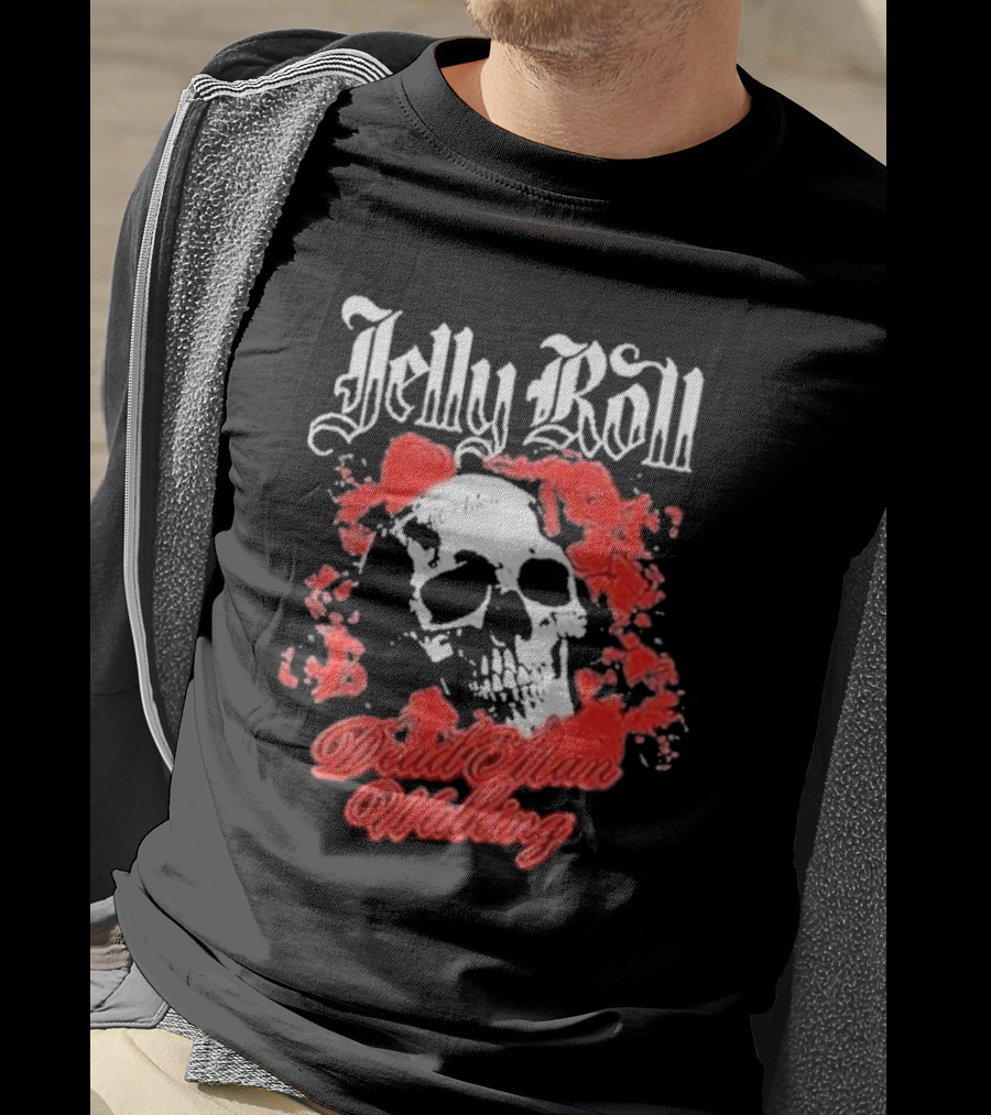 Jelly Roll Dead Man Walking Black Floral Skull Roses T-Shirt