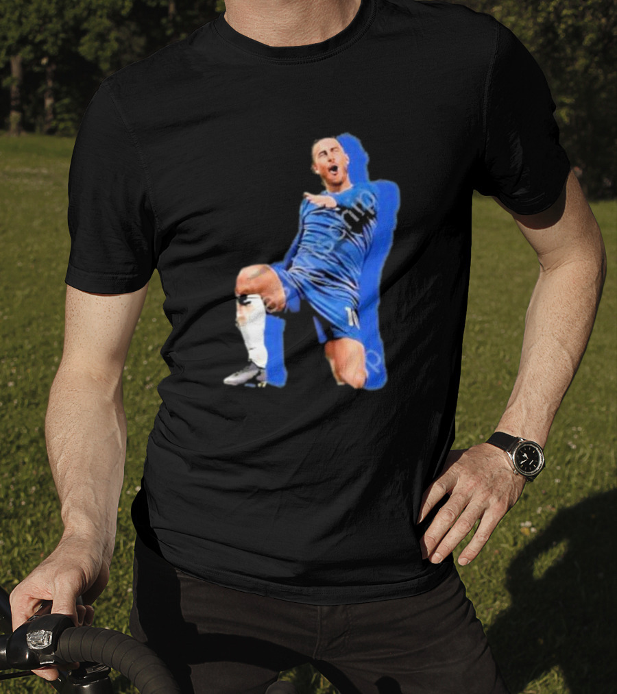 The By Line Show Garden Of Eden Celebration Pose Soccer Player In Blue Jersey T-Shirt